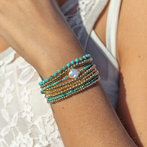 Dainty Pearl Turquoise Bracelet, Turquoise Beaded Bracelet, June December Birthstone