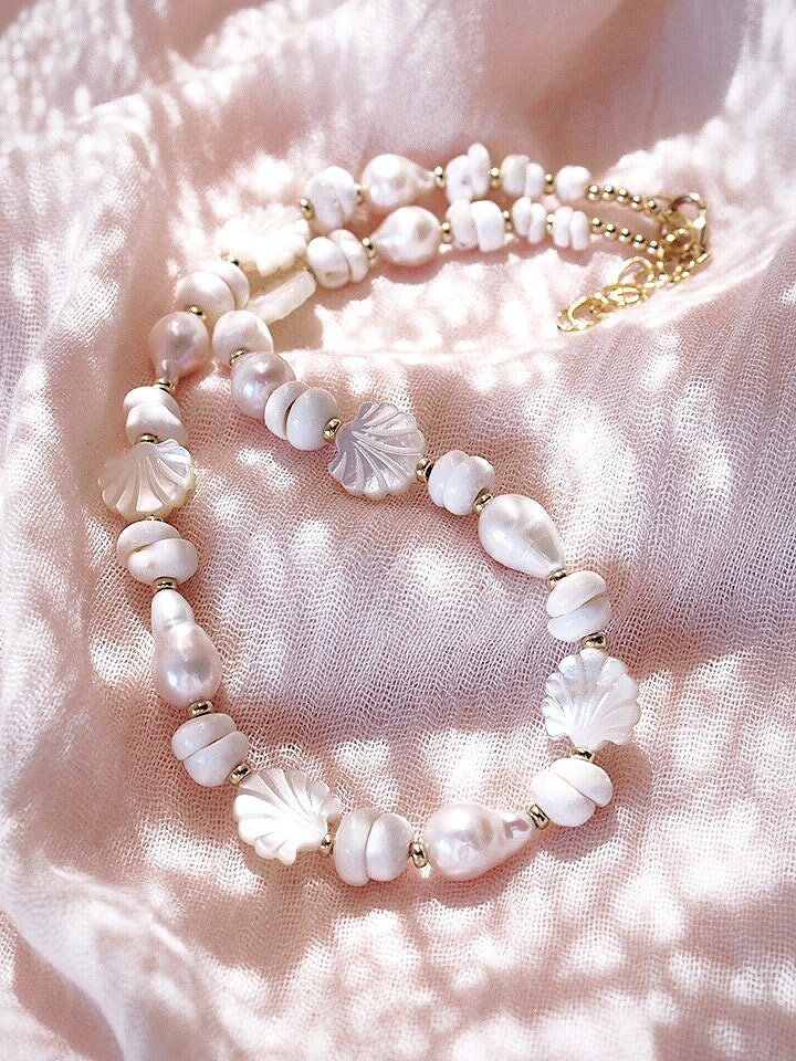 Baroque Pearl Scallop Puka Shell Necklace, Baroque Pearl