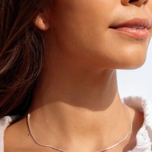 May include: A delicate silver necklace with a subtle, wavy design. The necklace is thin and sits gracefully on the neckline. The jewelry is simple and elegant, suitable for everyday wear or special occasions.