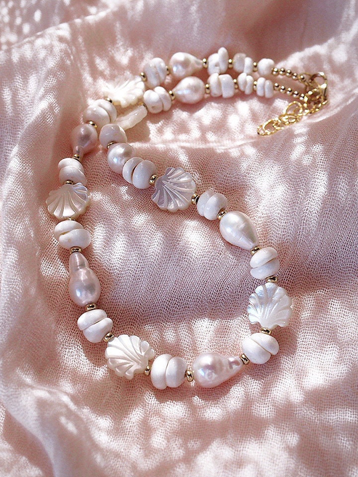Baroque Pearl Scallop Puka Shell Necklace, Baroque Pearl