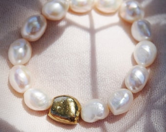 Stretchy Gold Nugget and Pearl Bracelet - Nohealani