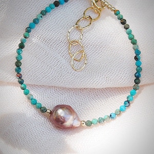 Dainty Pink Pearl Turquoise Bracelet, Turquoise Bead Bracelet, Pearl Bracelet, June December Birthstone,Gemstone Bracelet,Gold Filled,Gifts