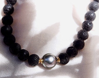 Black Lava Tahitian Pearl Necklace - Roselani