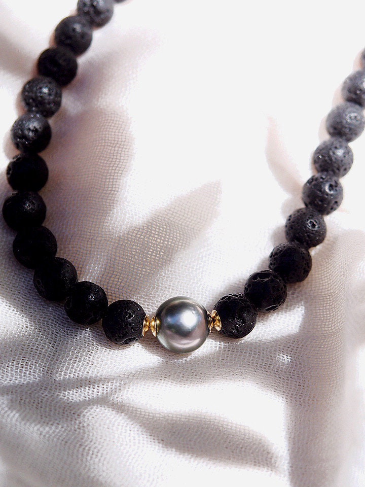 Black Tahitian Pearl Lava Bead Necklace,beaded Necklace,black