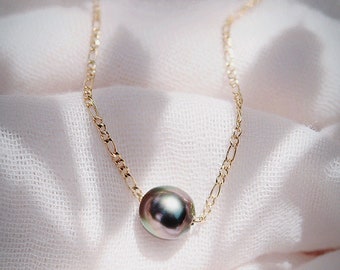 Single Floating Tahitian Pearl Necklace, Gold Pearl Necklace, Tahitian Pearl Necklace, Black Pearl