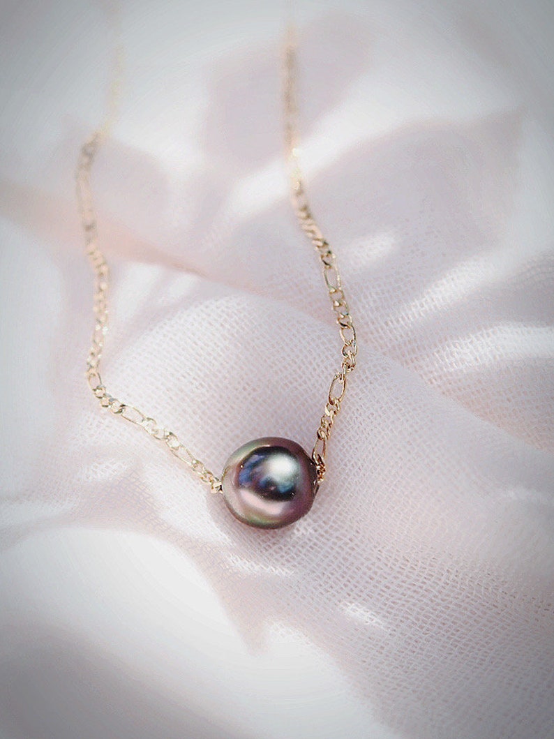 Single Floating Tahitian Pearl Necklace, Gold Pearl Necklace, Tahitian Pearl Necklace, Black Pearl,Gold Filled Necklace,Gold Necklace,Hawaii image 3