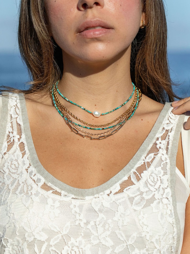 Dainty Pearl Turquoise Choker Necklace, Beaded Turquoise Necklace, June December Birthstone, Layering Bead Necklace,Beaded Jewelry,Gifts Her image 3