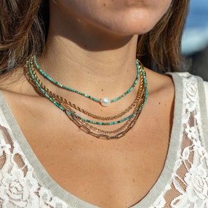 Dainty Pearl Turquoise Choker Necklace, Beaded Turquoise Necklace, June December Birthstone, Layering Bead Necklace,Beaded Jewelry,Gifts Her image 1