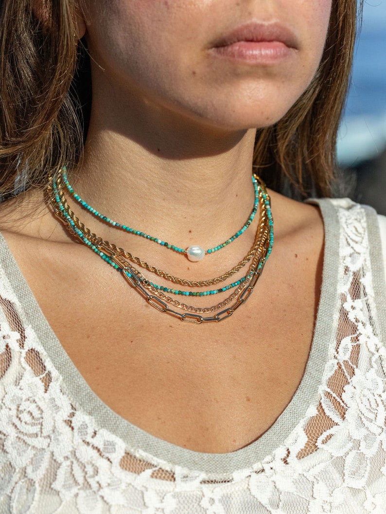 Dainty Pearl Turquoise Choker Necklace, Beaded Turquoise Necklace, June December Birthstone, Layering Bead Necklace,Beaded Jewelry,Gifts Her image 1