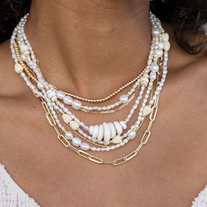 Gold and White Pearl Bead Necklace, Pearl and Gold Necklace, White Necklace