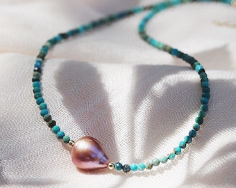 Dainty Pink Pearl Turquoise Choker Necklace, Beaded Turquoise Necklace, Pearl Necklace, June December Birthstone, Beaded Jewelry,Gifts Her