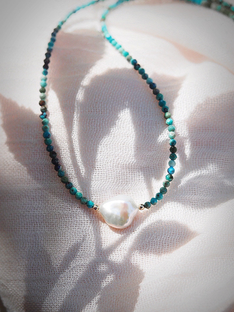 Dainty Pearl Turquoise Choker Necklace, Beaded Turquoise Necklace, June December Birthstone, Layering Bead Necklace,Beaded Jewelry,Gifts Her image 5