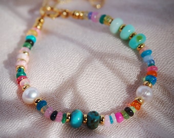 Mixed Rainbow Gemstone and Pearl Bracelet - Kainui