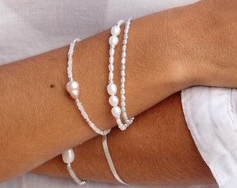 Sterling Silver and White Pearl Bracelet: White Freshwater Pearl Beads, Adjustable
