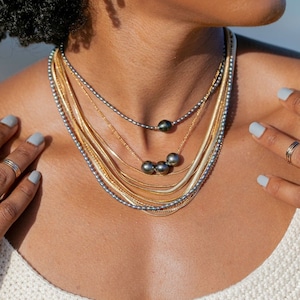 Triple Floating Tahitian Pearl Necklace, Gold Pearl Necklace, Tahitian Pearl Necklace
