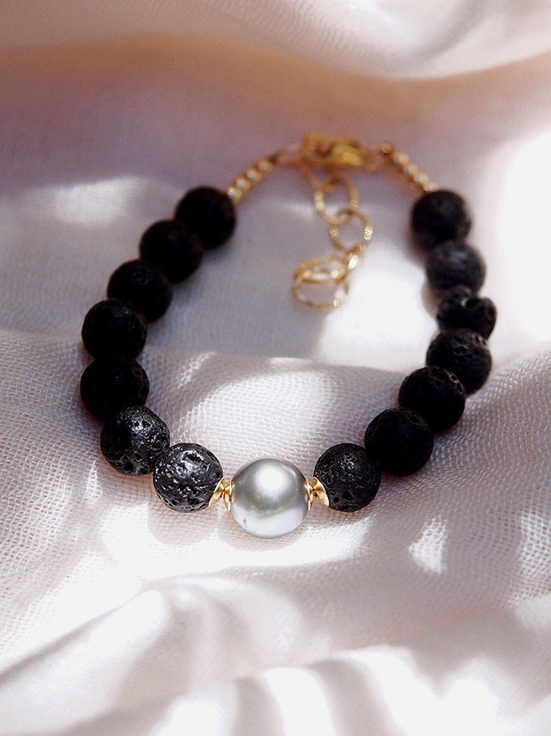 Black Lava and Tahitian Pearl Bracelet, Beaded Bracelet,Tahitian Pearl Bracelet,Black Pearl Bracelet,Lava Pearl Beaded Bracelet,Maui Hawaii image 2