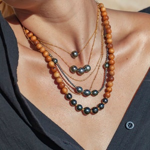 Seven Tahitian Pearl Sandalwood Bead Necklace,Beaded Necklace,Wood Bead Necklace