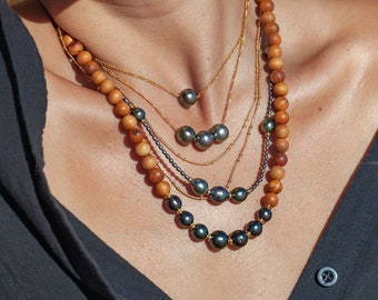 Seven Tahitian Pearl Sandalwood Bead Necklace,Beaded Necklace,Wood Bead Necklace,Tahitian Pearl Necklace,Pearl Necklace,Pearl Necklace,Maui