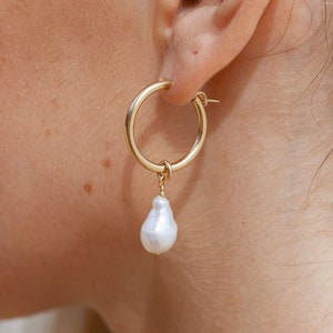 Gold Baroque Pearl Latch Hoop Earrings - Kēhau
