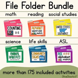 May include: A file folder bundle featuring six categories: math, reading, social studies, science, life skills, and ASL. Each category includes colorful folders with labels like Counting 0-5, Alphabet Uppercase Match, United States Southeast, Animal Habitats, Community Signs, and ASL Alphabet Match, totaling more than 175 included activities.
