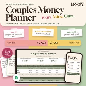 Puede incluir: Un planificador financiero para parejas con el texto "Two people. One money plan." y "Yours. Mine. Ours.". El diseño incluye secciones para estrategias "All-in", "Yours-Mine-Ours" y "Separate", una pantalla de portátil y un teléfono móvil.
