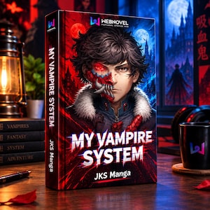 以下が含まれることがあります： JKS Mangaによる「My Vampire System」というタイトルのハードカバー本。黒髪で赤い光を放つ目、半分がモンスターの仮面をつけたキャラクターが描かれています。表紙は赤と青の配色で、背景には城のシルエットがデザインされています。