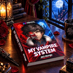 May include: A hardcover book titled My Vampire System by JKS Manga featuring a central illustration of a character with dark hair and a red glowing eye. The cover art displays a split red and blue color scheme with a castle silhouette background.