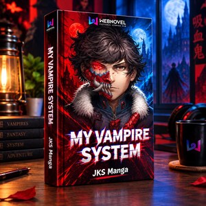 以下が含まれることがあります： JKS Mangaによる「My Vampire System」というタイトルのハードカバー本。黒髪で赤い光を放つ目、半分がモンスターの仮面をつけたキャラクターが描かれています。表紙は赤と青の配色で、背景には城のシルエットがデザインされています。