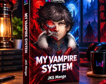 Può includere: Un libro con copertina rigida intitolato My Vampire System di JKS Manga che raffigura un personaggio con capelli scuri, un occhio rosso brillante e una maschera da mostro parziale. La copertina usa uno schema di colori rosso e blu con un castello.