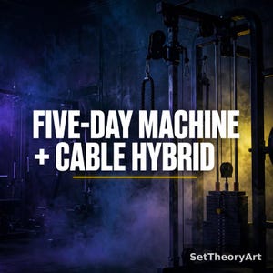 May include: A black metal cable machine with a weight stack and pulleys, set in a dark gym environment with blue and yellow lighting and smoke. The text reads: FIVE-DAY MACHINE + CABLE HYBRID and SetTheoryArt in the bottom right corner.