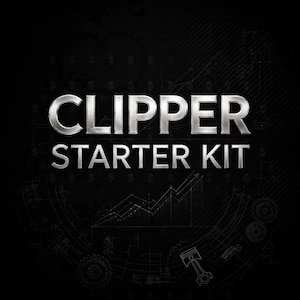 May include: A black graphic background featuring the metallic silver text "CLIPPER STARTER KIT" in the centre. The background includes faint, thin white line drawings of mechanical gears, a piston, and a rising line graph.