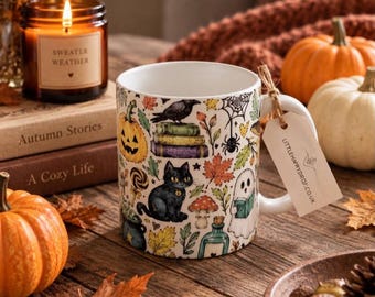 Halloween Mug – Spooky Ghost, Black Cat and Pumpkin Ceramic Coffee Cup