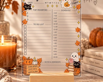 Halloween Acrylic Daily Planner, Reusable Dry Erase Spooky Desk Organiser with Wooden Stand