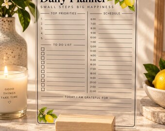 Lemon Acrylic Daily Planner, Reusable Dry Erase To Do Board with Wooden Stand