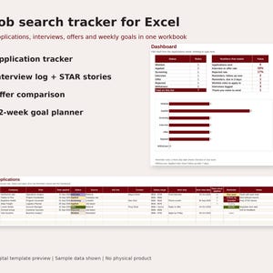 Puede incluir: Un rastreador digital de búsqueda de empleo para Excel que incluye un panel con tablas y gráficos de barras, una hoja de cálculo de solicitudes con columnas para empresa, puesto y salario, además de registros de entrevistas y un planificador.