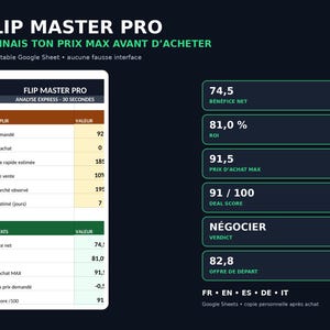 Flip Master Pro – Calculateur Achat Revente | Marge, ROI, Prix d’Achat Max & Analyse de Lots | Excel / Google Sheets