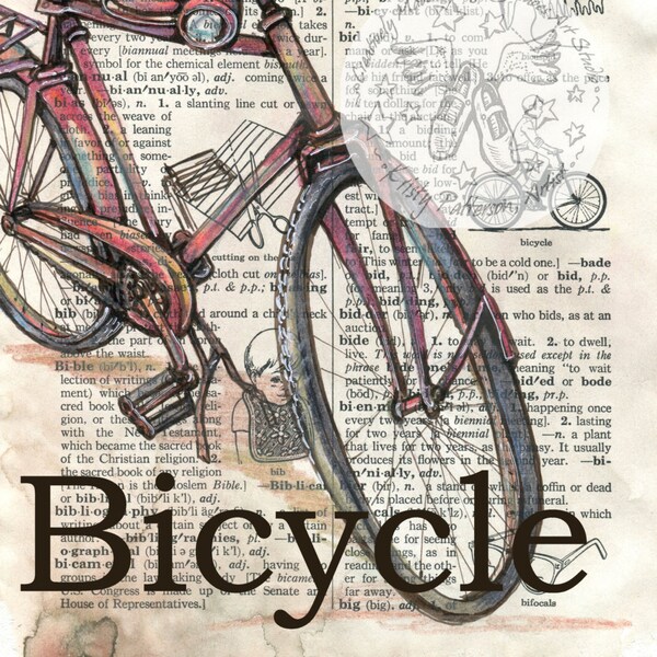 IMPRESIÓN: Bicycle Mixed Media Drawing on Distressed, Página del Diccionario
