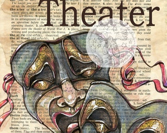 PRINT:  Theater Mixed Media Drawing on Antique Dictionary