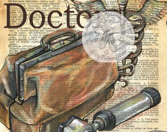 PRINT:  Doctor Mixed Media Drawing on Antique Dictionary