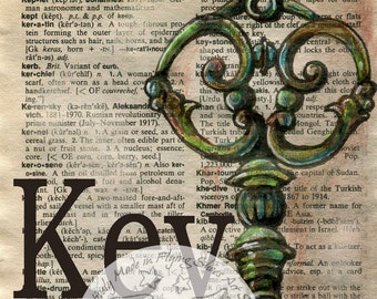 PRINT:  Single Key Mixed Media Drawing on Antique Dictionary Page