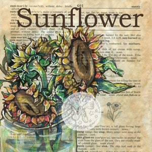 PRINT:  Sunflower Mixed Media Drawing on Antique Dictionary Page