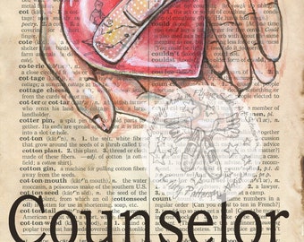 PRINT:  Counselor Mixed Media Drawing on Antique Dictionary Page