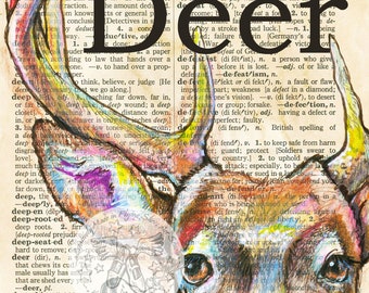 PRINTS:  Deer Mixed Media Drawing on Antique Dictionary Pge