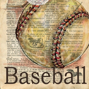 May include: A detailed illustration of a baseball, complete with red stitching, is set against a backdrop of dictionary text. The word "baseball" is printed in a large font at the bottom of the image, which is on a vintage dictionary page.