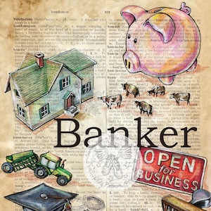 PRINT:  Banker Mixed Media Drawing on Antique Dictionary Page