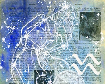 PRINT:  Aquarius Zodiac Constellation Mixed Media Drawing on Antique Dictionary Page