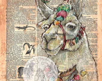 PRINT:  Llama Mixed Media drawing on Antique Dictionary Page