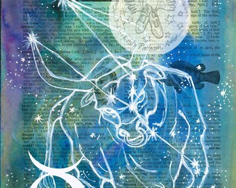 PRINT:  Taurus Zodiac Constellation Mixed Media Drawing on Antique Dictionary Page