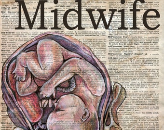 PRINT:  Midwife Mixed Media Drawing on Antique Dictionary Page