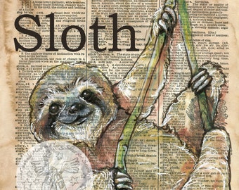 PRINT:  Sloth Mixed Media Drawing on Antique Dictionary Page